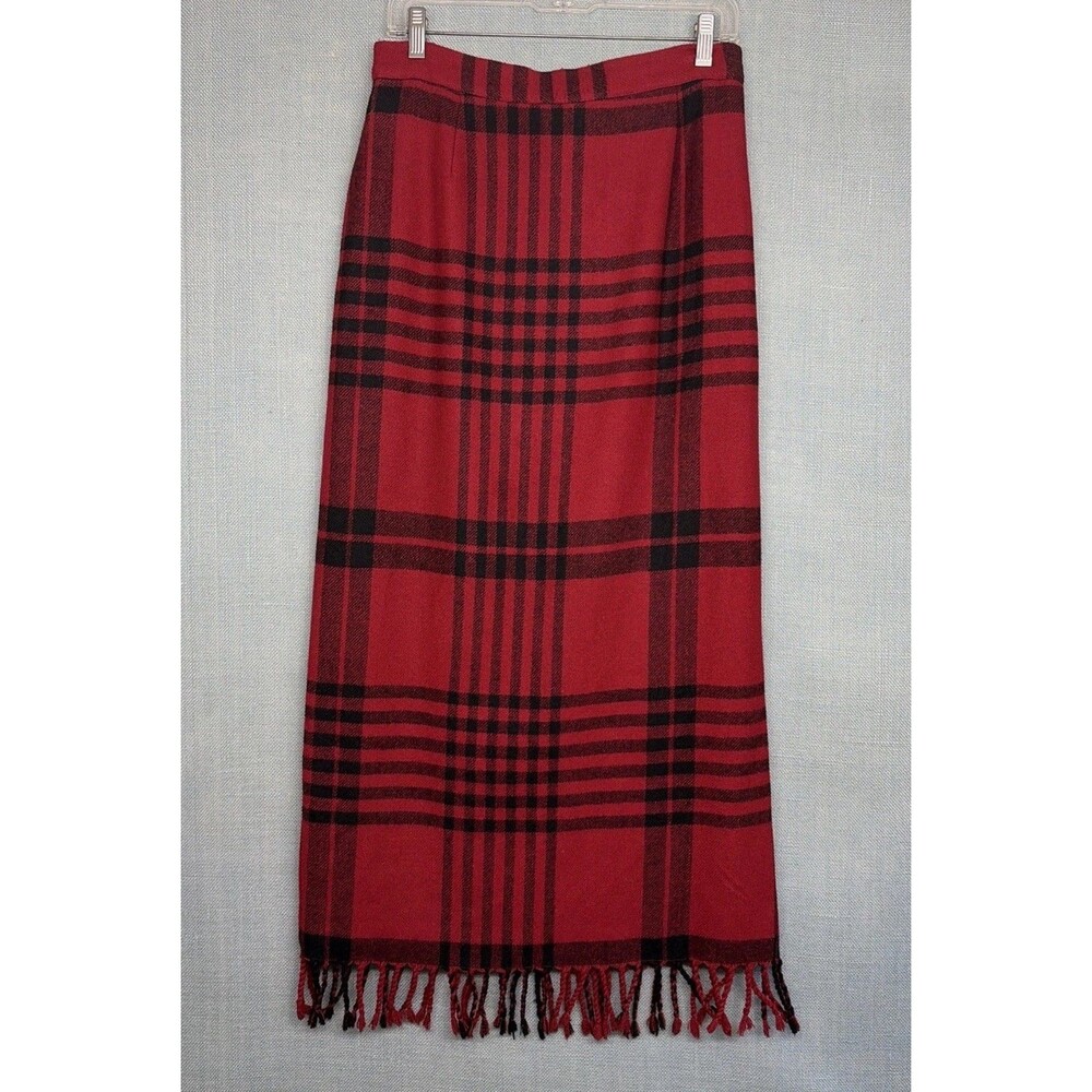 Vintage Telluride Clothing Co. Red Black Plaid  Pencil Fringed Midi Skirt Sz 12